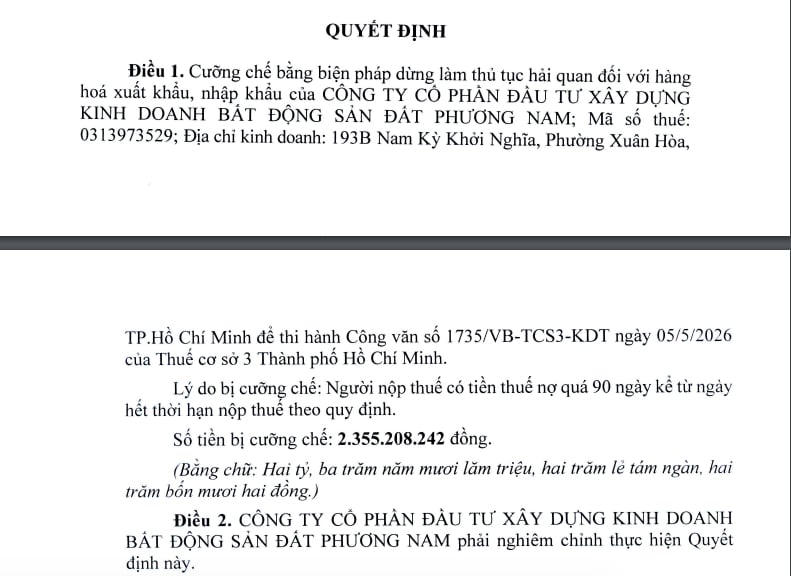 Bất động sản Phương Nam bị dừng làm thủ tục hải quan vì nợ thuế hơn 2,35 tỷ