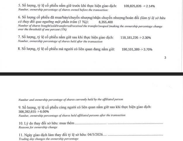 Bà Nguyễn Thiên Hương Jenny thực hiện mua vào gần 8,4 triệu cổ phiếu ACB trong phiên giao dịch ngày 4/5/2026 (Nguồn: ACB)