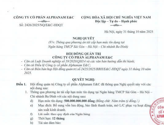 11/2025, Alphanam E&C tiếp tục ban hành nghị quyết HĐQT về việc tái cấp hạn mức tín dụng tại SHB Ba Đình (Nguồn: HNX)