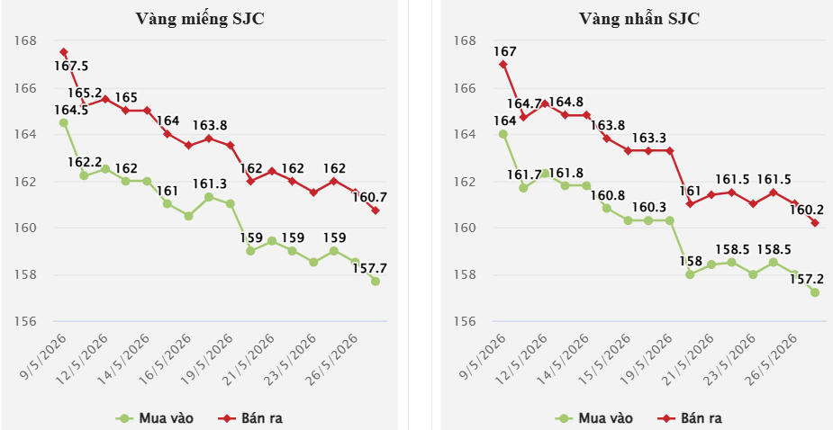 Giá vàng hôm nay 28/5/2026: SJC và vàng nhẫn rơi tự do