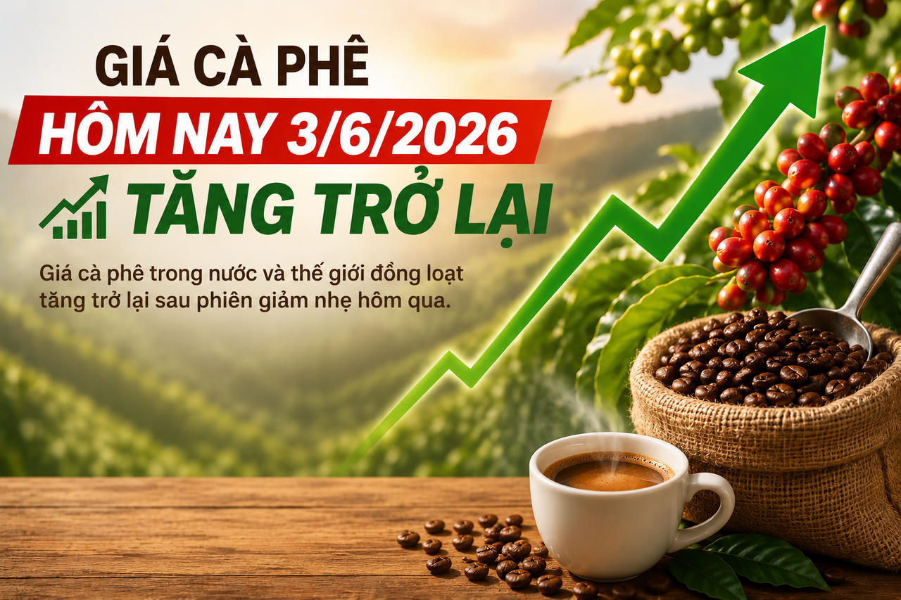 Giá cà phê hôm nay (chiều 3.6.2026): Cà phê Tây Nguyên tăng trở lại, Robusta giữ xanh