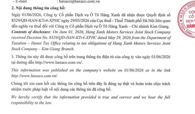 Haxaco thông tin về quyết định số 8329/QĐ-HAN-KTr4-XPHC ngày 29/5/2026 của Thuế TP Hà Nội.