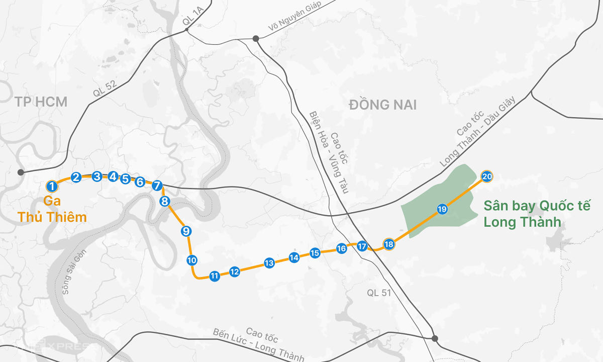 Chi tiết vị trí 14 ga metro đi từ Thủ Thiêm đến sân bay Long Thành