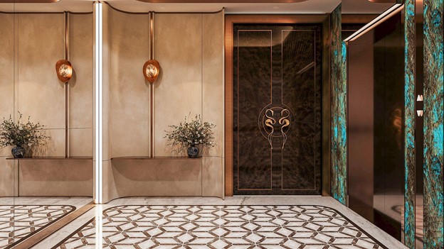 Sảnh riêng được thiết kế như lounge cao cấp và hoàn thiện bằng đá tự nhiên