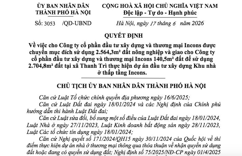 Incons được giao đất làm khu nhà ở thấp tầng tại xã Thanh Trì
