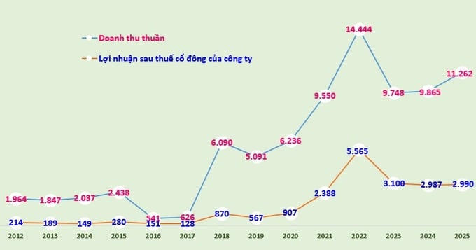 Biểu đồ: Doanh thu thuần và lợi nhuận sau thuế cổ đông của công ty giai đoạn 2012-2025 (đvt: tỷ đồng).