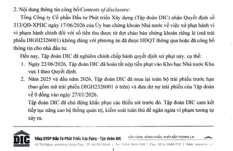 DIC Corp (DIG) lên tiếng về quyết định xử phạt khi sử dụng sai mục đích lô trái phiếu (Nguồn: DIG)