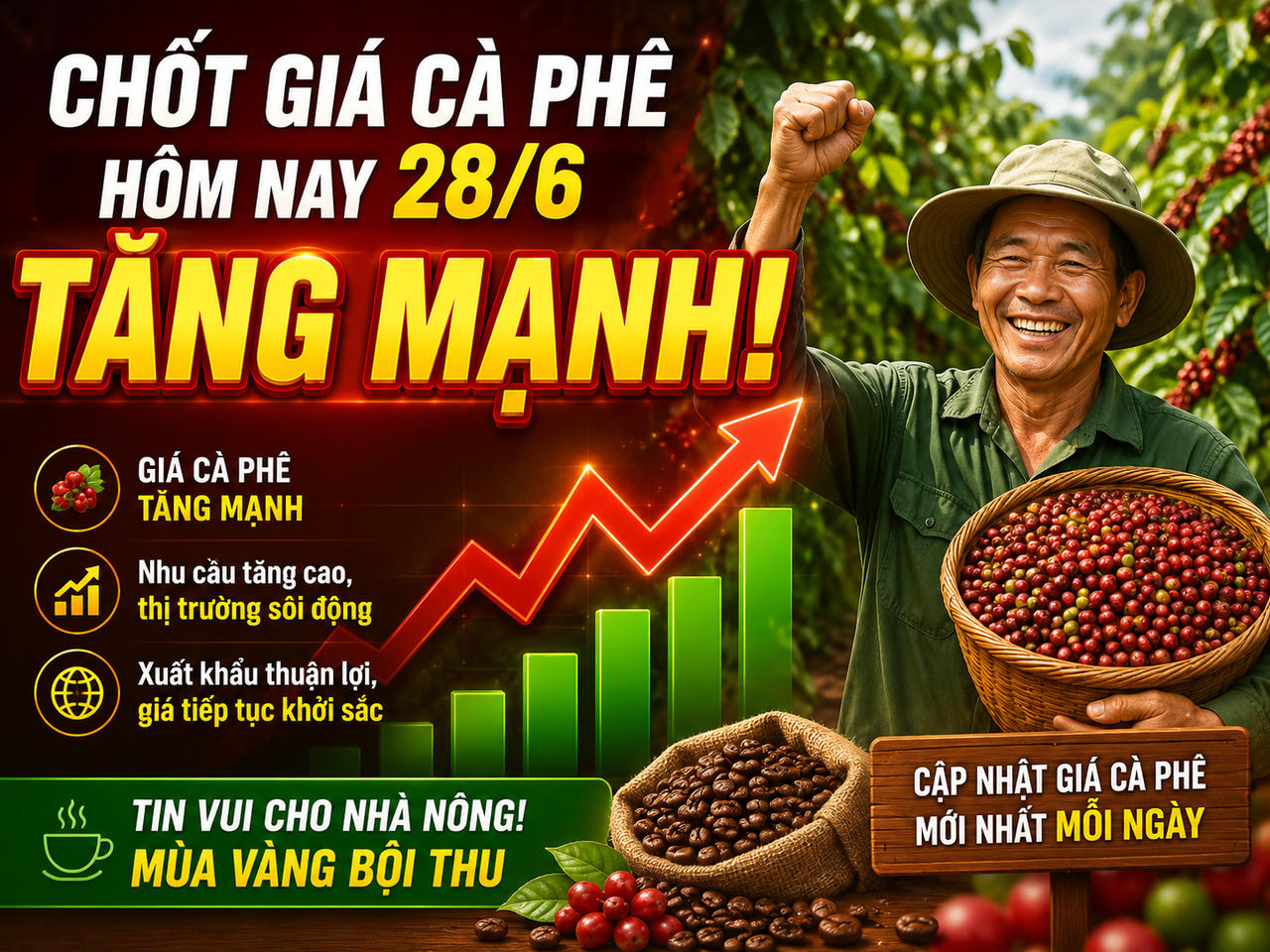 Chốt giá cà phê hôm nay 28/6: Bật tăng mạnh chạm mốc 90.000 đồng/kg