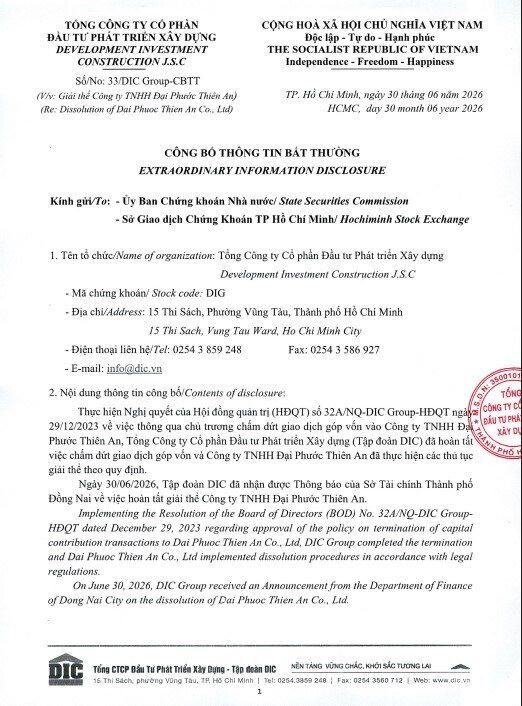 DIC Corp (DIG) chính thức giải thể công ty con liên quan dự án Đại Phước