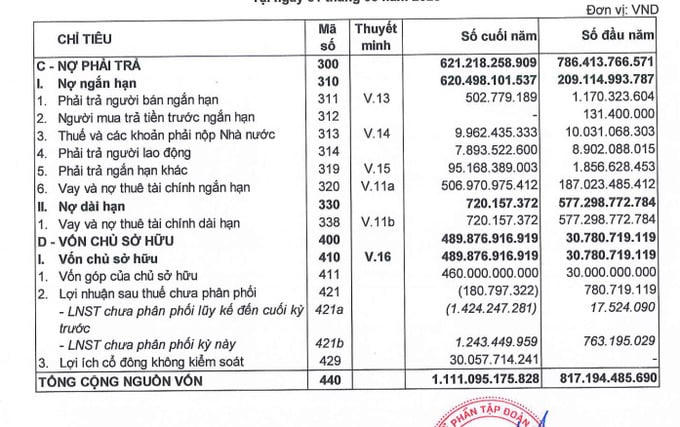 Theo BCTC, vốn chủ sở hữu Meey Land tăng mạnh từ 30,8 tỷ đồng lên 489,9 tỷ đồng sau một năm tài chính. Trong khi đó, nợ phải trả ở mức 621,2 tỷ đồng, trong đó vay và nợ thuê tài chính ngắn hạn khoảng 507 tỷ đồng.