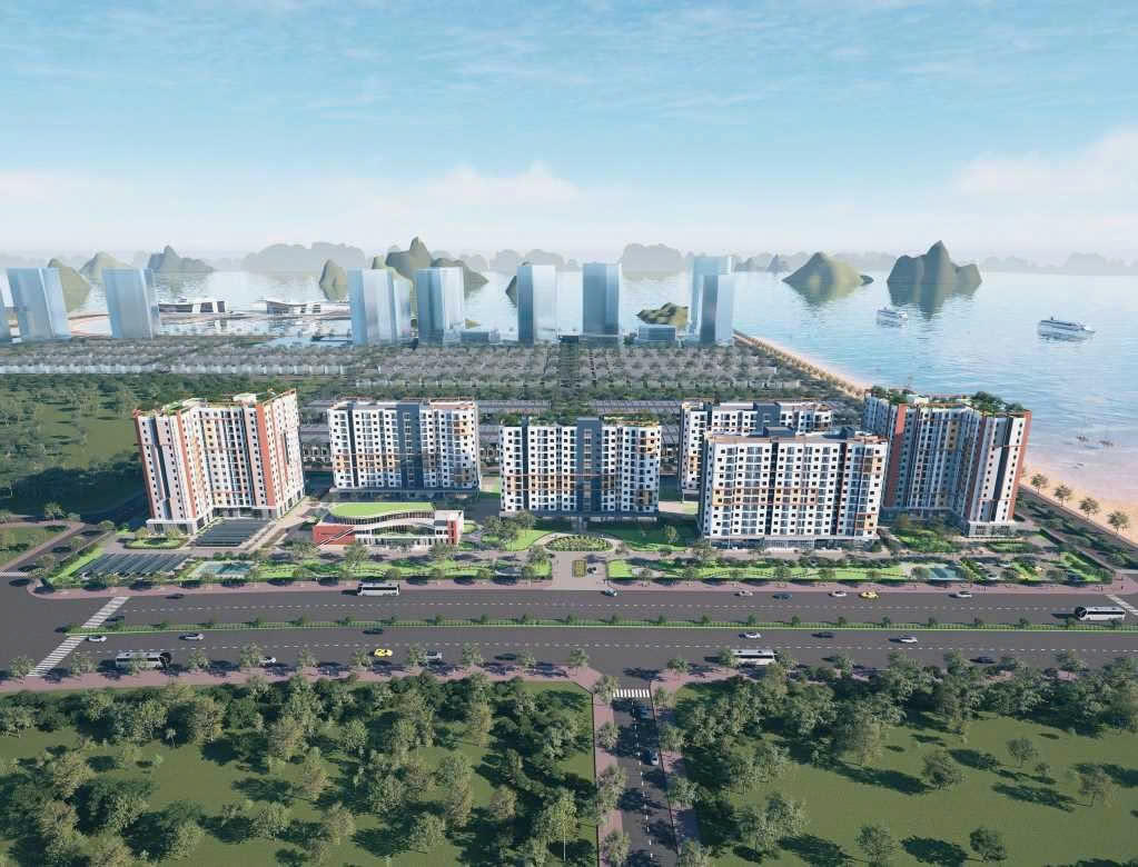Phối cảnh tổng thể dự án NOXH tại khu đô thị mới Ao Tiên, đặc khu Vân Đồn.