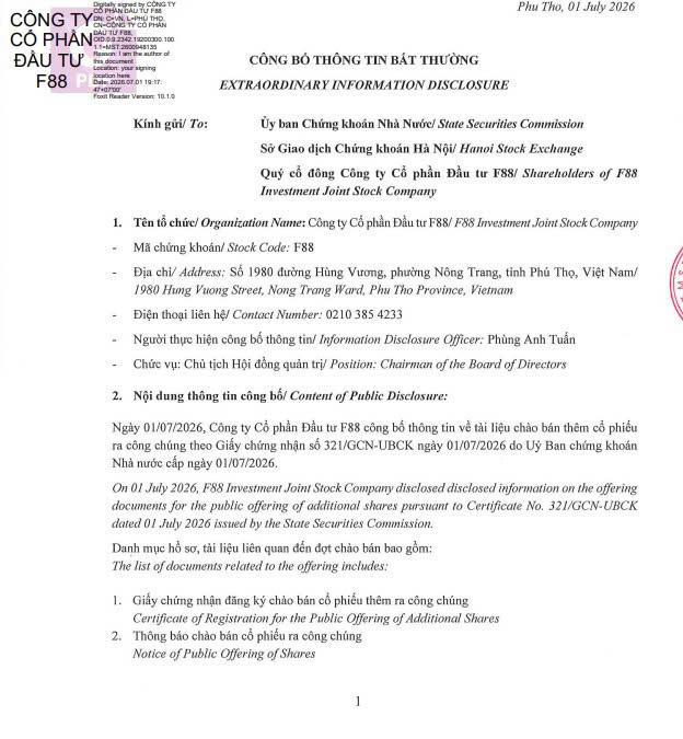 Công bố thông tin bất thường của F88