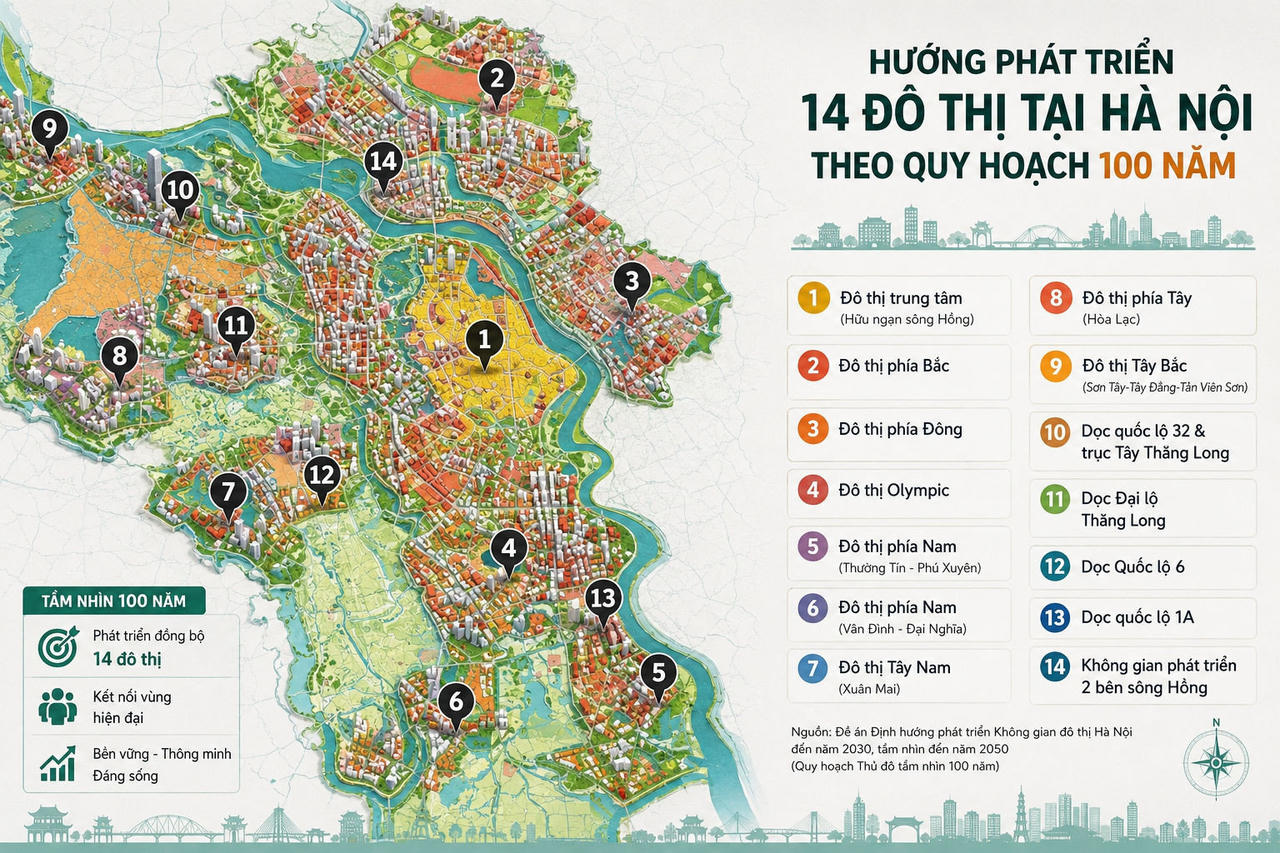 Quy hoạch Hà Nội 100 năm: 14 cực phát triển đô thị mới của Thủ đô nằm ở những đâu?