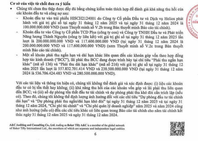 Kiểm toán viên từ chối đưa ra ý kiến đối với báo cáo tài chính kiểm toán năm 2024 và năm 2025 của Tracodi.