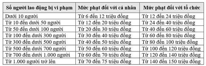 Mức phạt với cá nhân và tổ chức với hành vi trốn đóng bảo hiểm xã hội theo số lao động. Nguồn: BHXHVN.