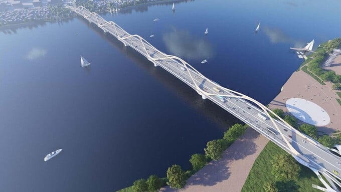 Phối cảnh Cầu Trần Hưng Đạo sau khi hoàn thành với hệ vòm thép mang hình tượng vô cực bắc qua sông Hồng.