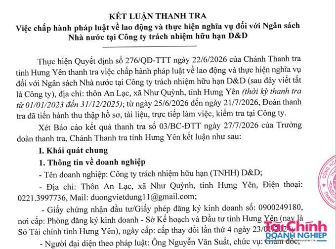 Ngoài sai phạm về thuế, Công ty TNHH D&D còn để xảy ra nhiều tồn tại trong việc chấp hành pháp luật lao động.