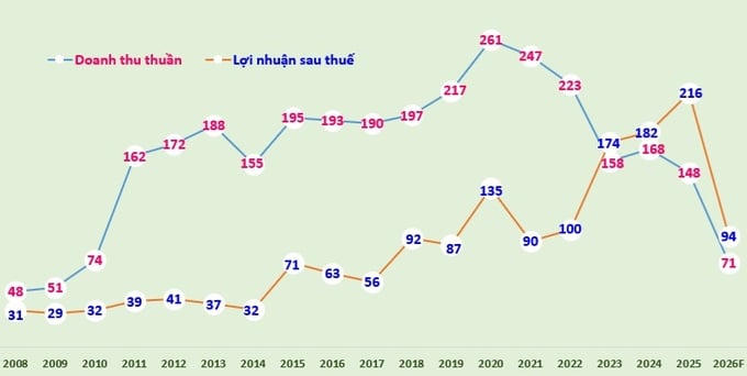 Biểu đồ: Doanh thu thuần và lợi nhuận sau thuế của TIP giai đoạn 2008 đến nửa năm 2026 (đvt: tỷ đồng).
