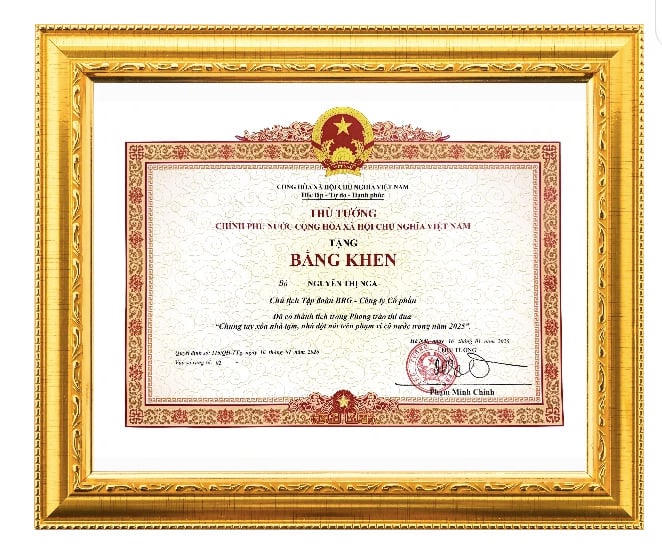 Bằng khen của Thủ tướng Chính phủ trao tặng Madame Nguyễn Thị Nga – Chủ tịch Tập đoàn BRG.