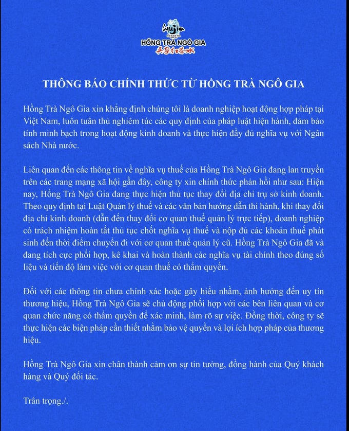 Thông báo đăng tải trên fanpage của Hồng Trà Ngô Gia.