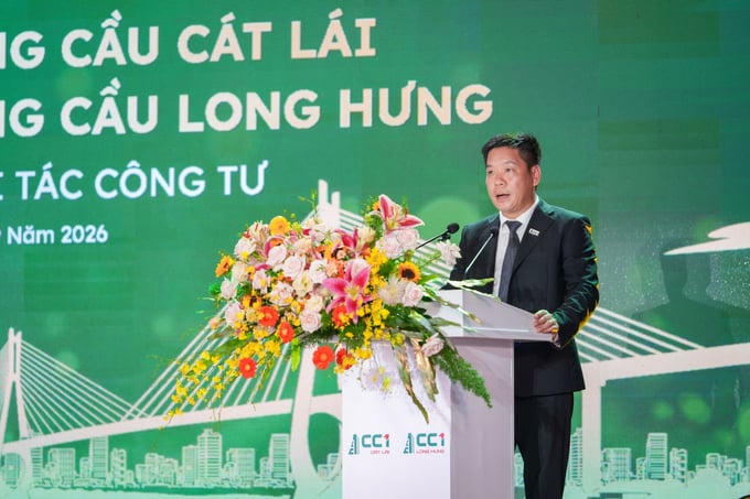 Ông Nguyễn Văn Thanh, Giám đốc Điều hành Xây lắp CC1, đại diện nhà thầu xây dựng phát biểu tại sự kiện