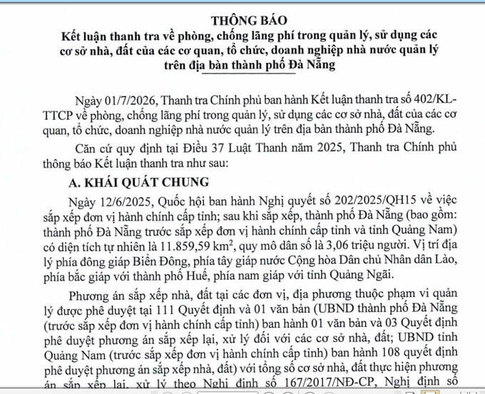 Thanh tra Chính phủ xác định công tác quản lý, sắp xếp và xử lý nhà, đất công tại Đà Nẵng còn nhiều tồn tại.