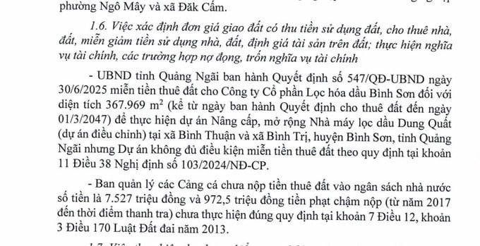 Thanh tra Chính phủ: Dự án Dung Quất không đủ điều kiện miễn tiền thuê đất.