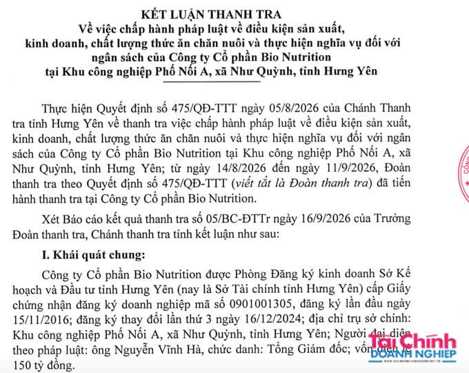 Thanh tra phát hiện Công ty Bio Nutrition khai thiếu gần 1 tỷ đồng tiền thuế.