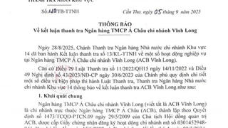 Thanh tra phát hiện tồn tại công tác thẩm định, vay vốn; nợ xấu tại ACB Vĩnh Long